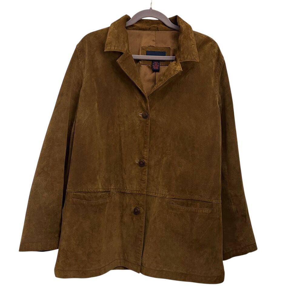 Denim & Co Brown‎ Ribbed 100% Leather Blazer Jacket Satin Lined Size L